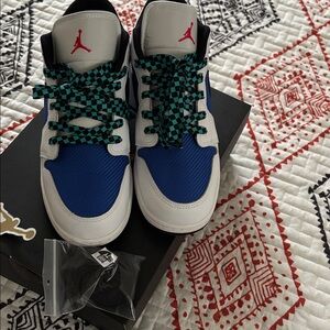 Blue and White Jordan 1 Low with Checkered Laces